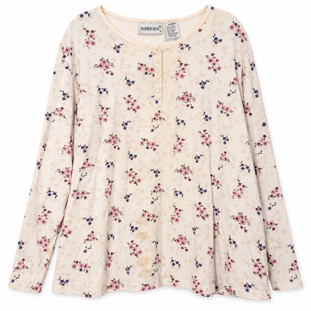 Fashion Bug Henley Top Womens 30/32W Floral Cream Fair Vintage Cottagecore